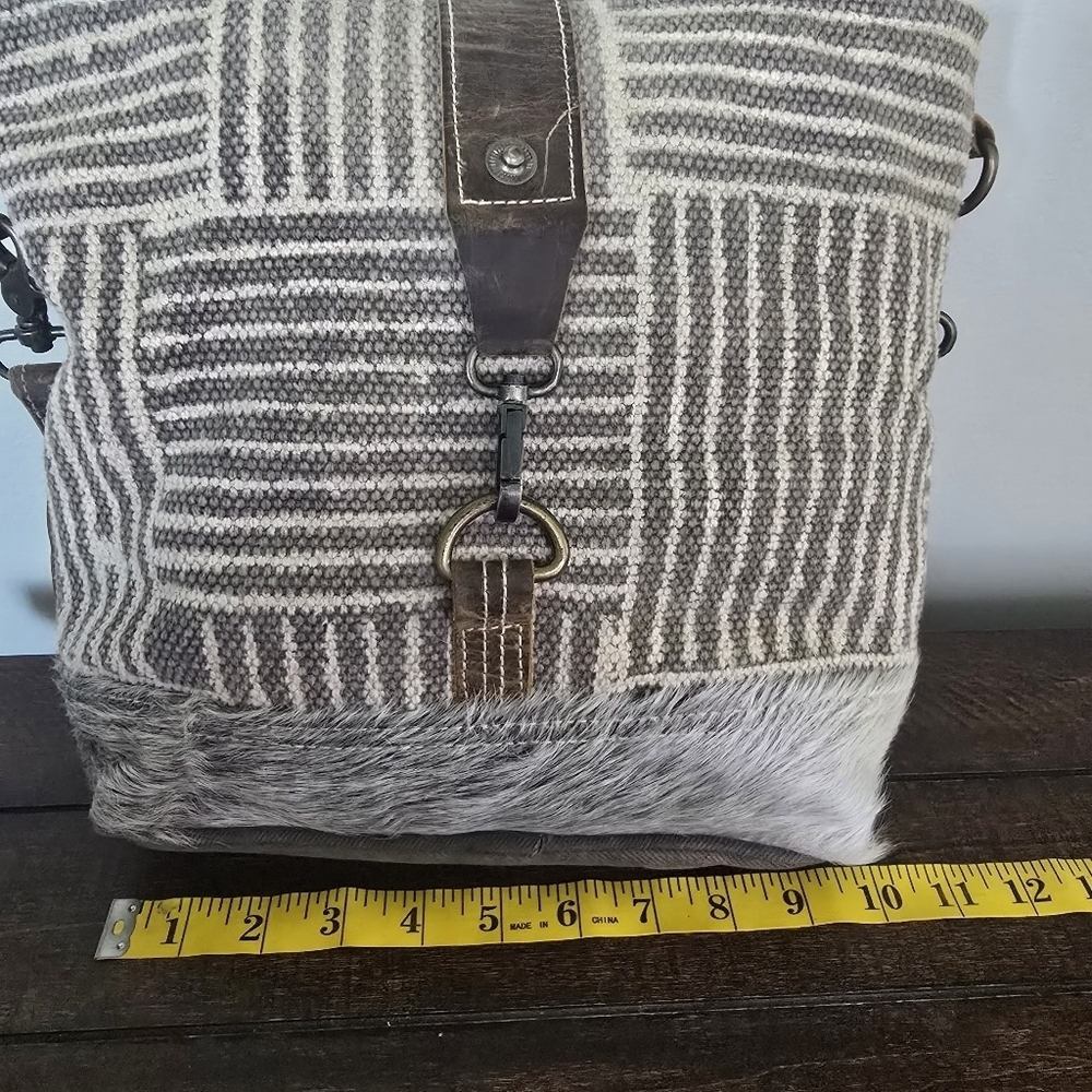 Myra Upcycled Canvas Fur Crossbody Shoulder Bag Purse Brown - Picture 11 of 16